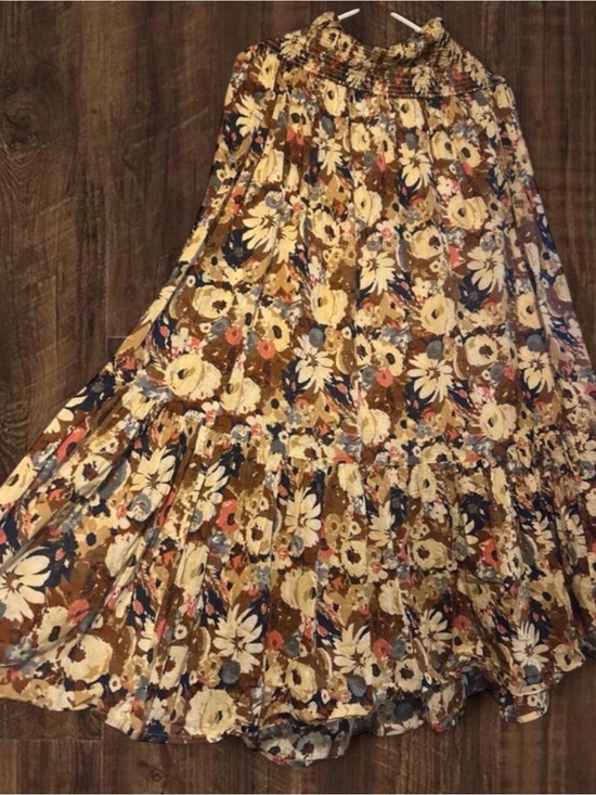 NATURAL LIFE Dresses & Skirts - NATURAL LIFE Brown Floral Tiered Maxi Skirt with Cream & Blue Accents